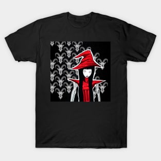 the witch doll in ecopop horror pattern wallpaper of goats T-Shirt